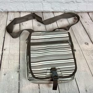 Eddie Bauer Beige Brown Striped Top Zip Organizer Purse Shoulder Bag CrossBody